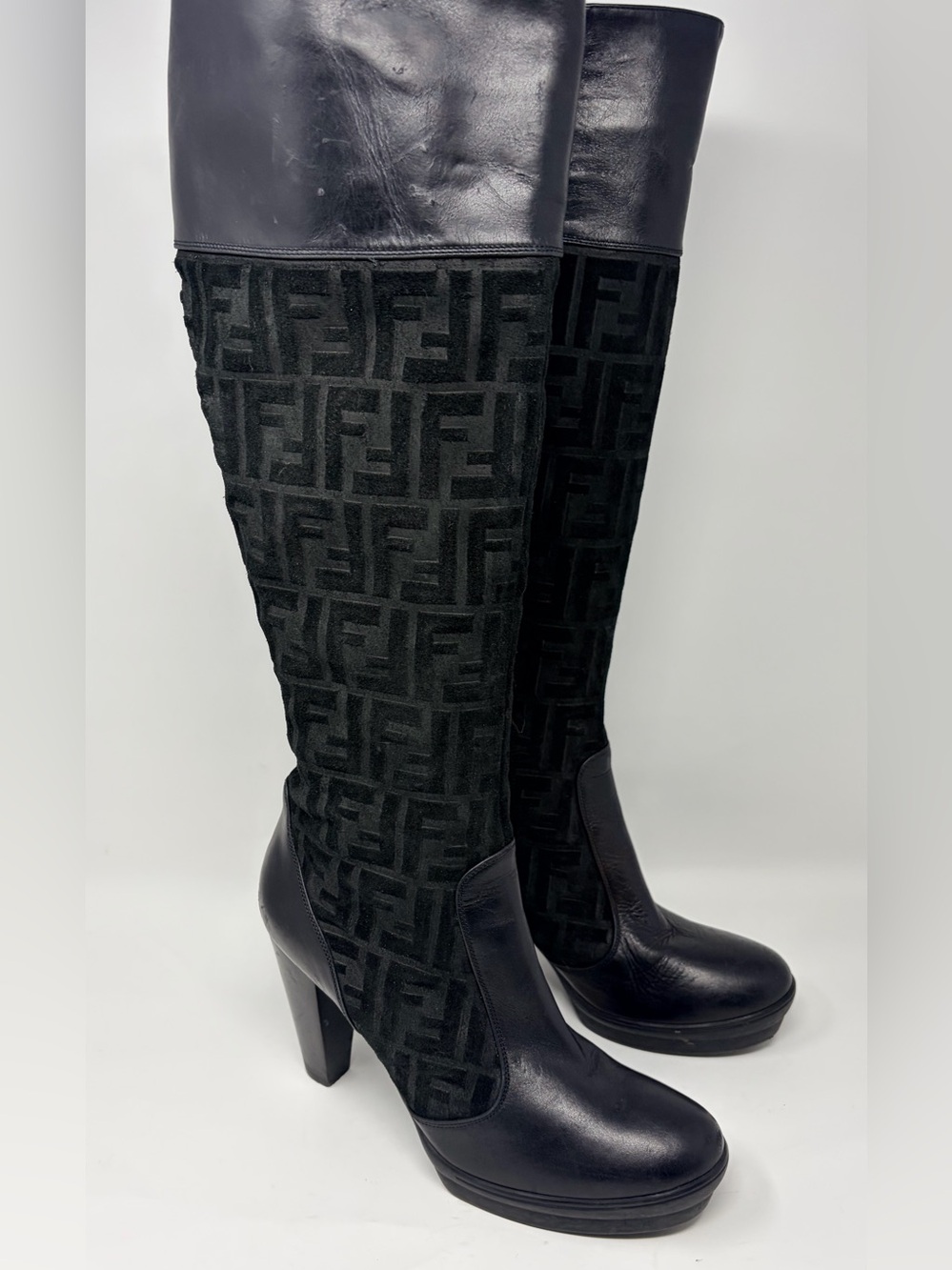 Fendi Black Over-the-Knee FF Monogram Platform Boots